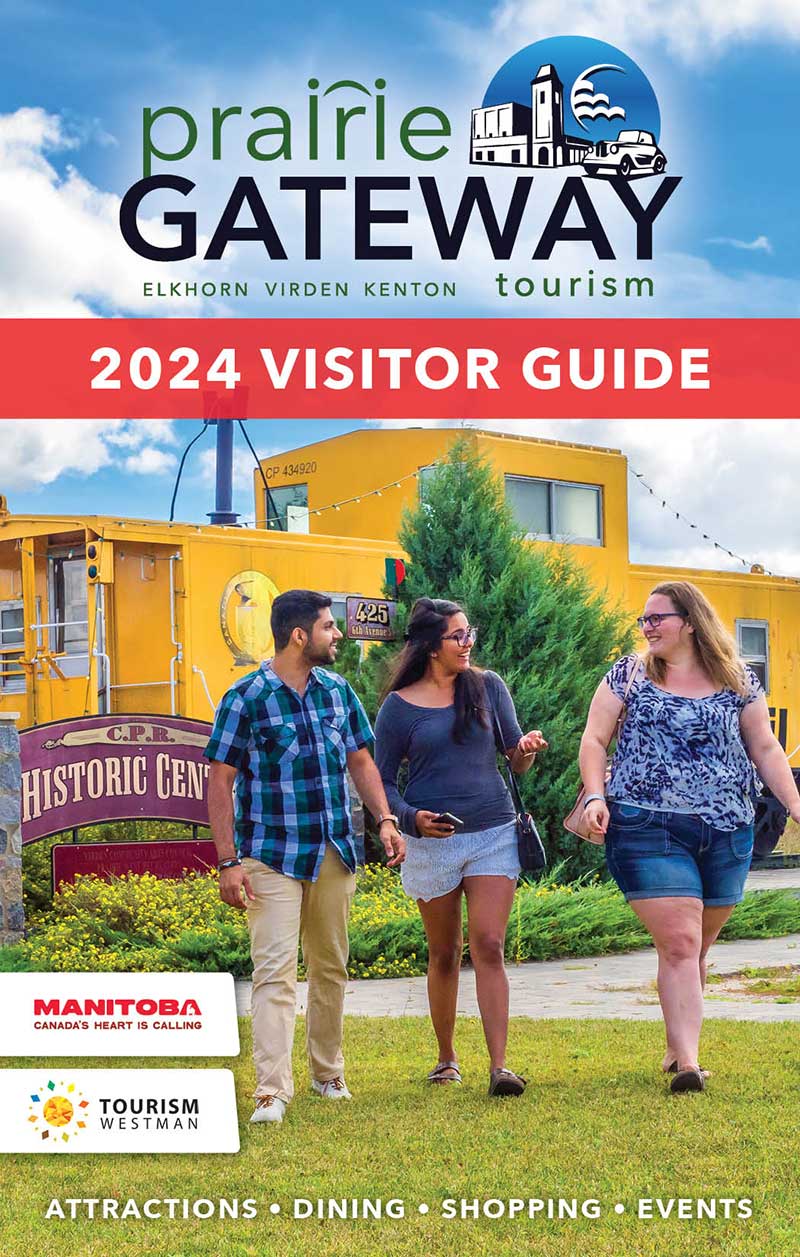 Cover of the 2024 Prairie Gateway Tourism Visitor Guide showing a man and two women walking in front of a yellow train caboose